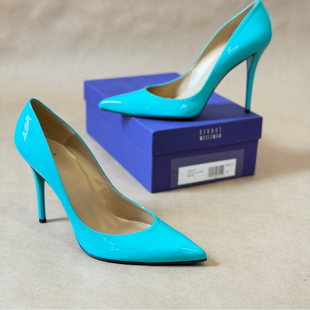 Stuart Weitzman Naughty Turquoise Neon Patent Blue Heels 12W